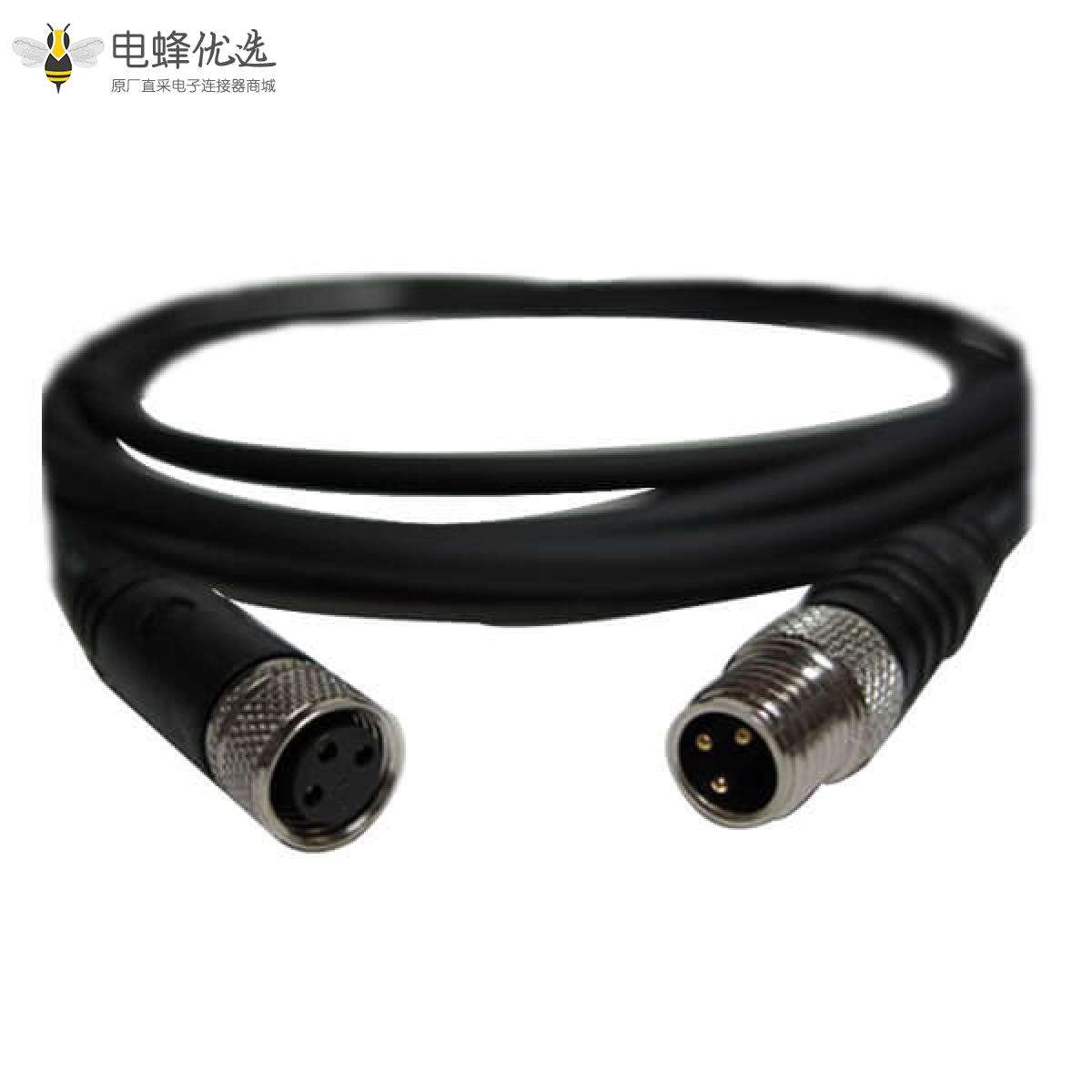 M8公转母3芯焊线注塑成型式A型3芯公插头转母插头接1米26AWG线