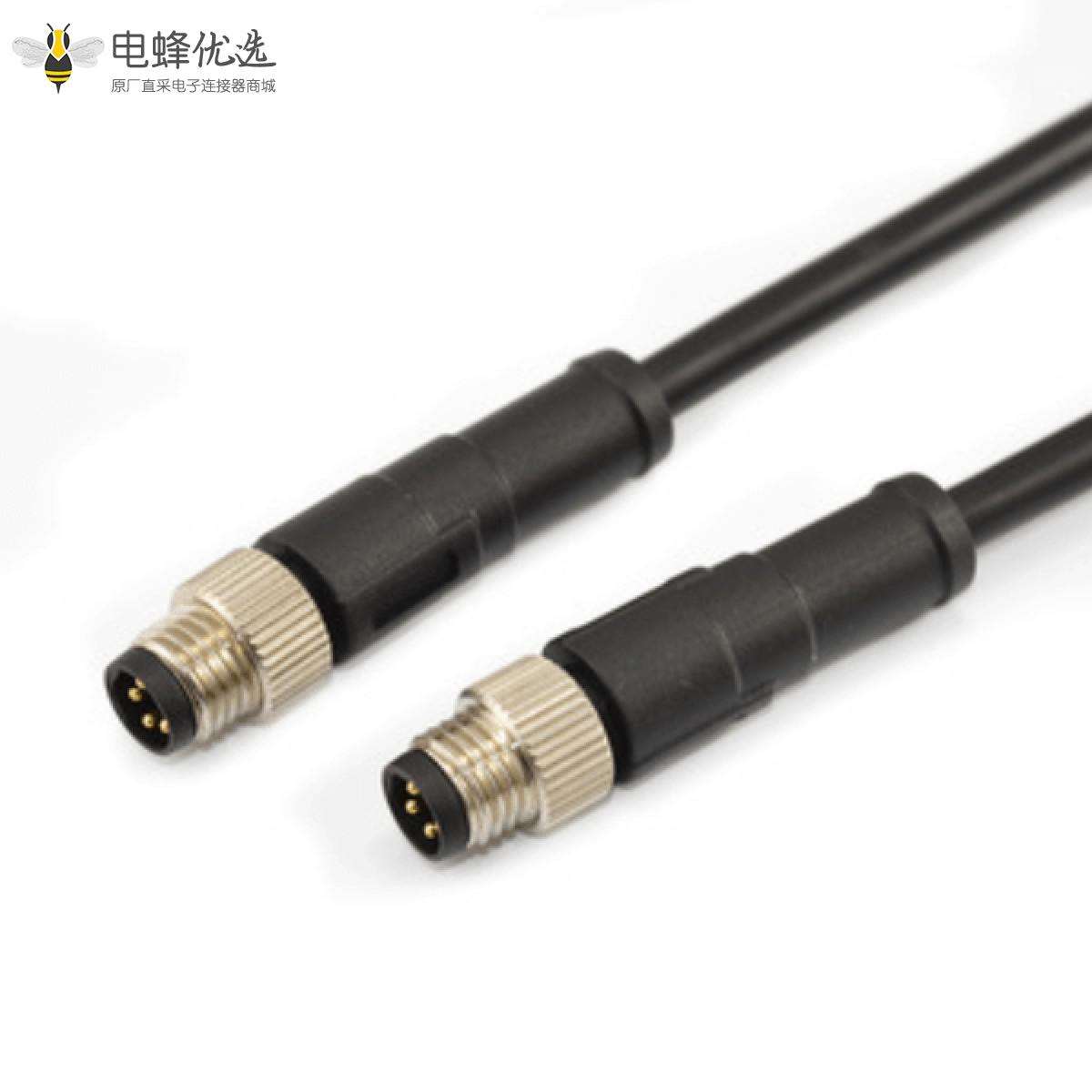 M8注塑成型4芯公头线材连接器防水4芯公插头转公插头接1米26AWG线