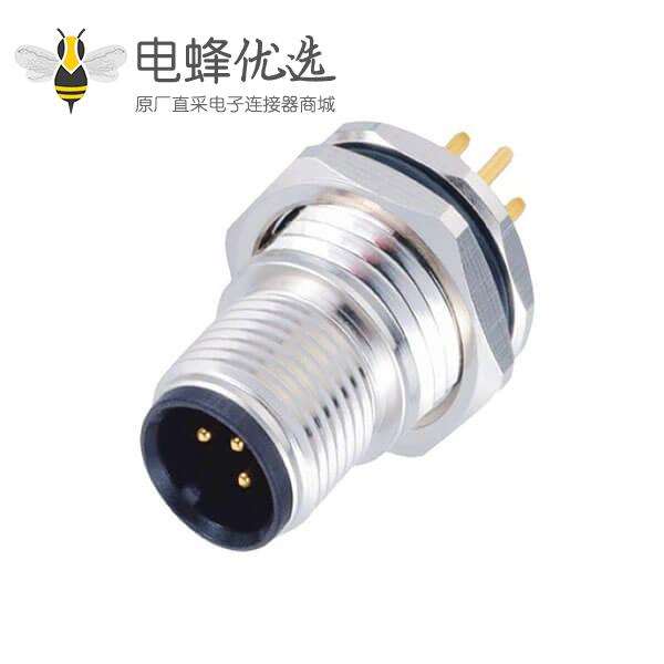 M12连接器4芯 A型板端公座PCB插板式前锁工业防水传感连接器