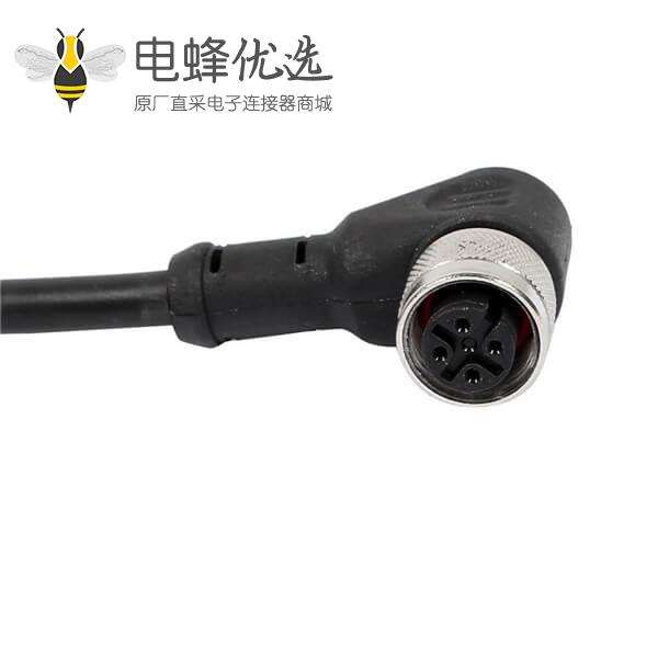 M12连接器 4pin公弯头A型编码预铸式带线型防水插头单边线AWG22 1M