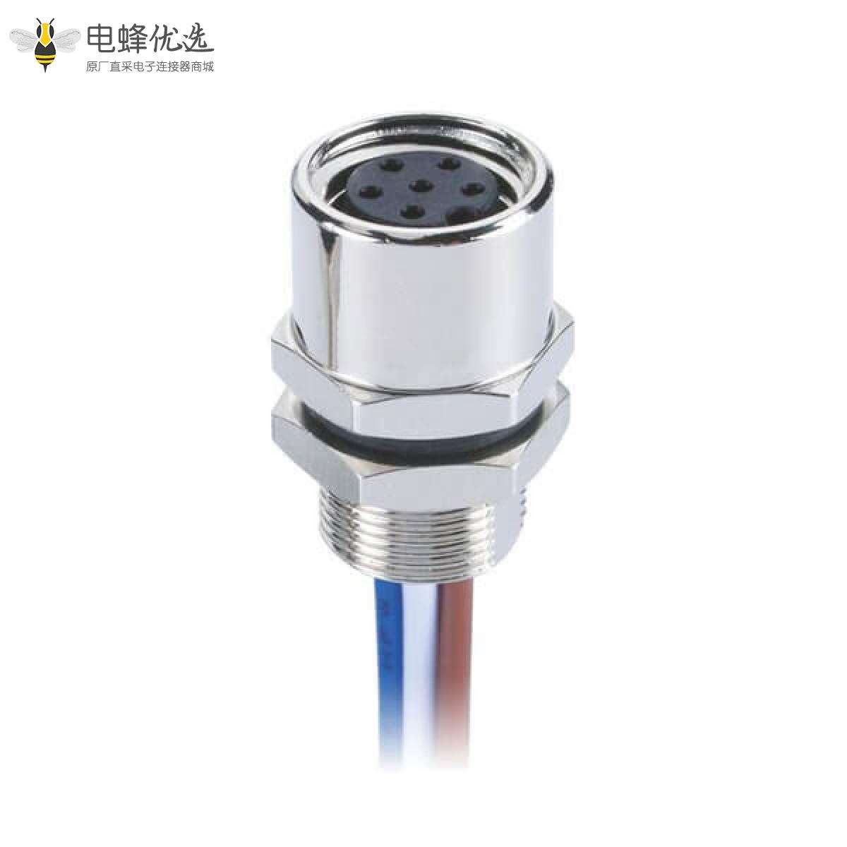 M8焊线后锁插座A型防水板端焊线式6芯母座接1米26AWG线