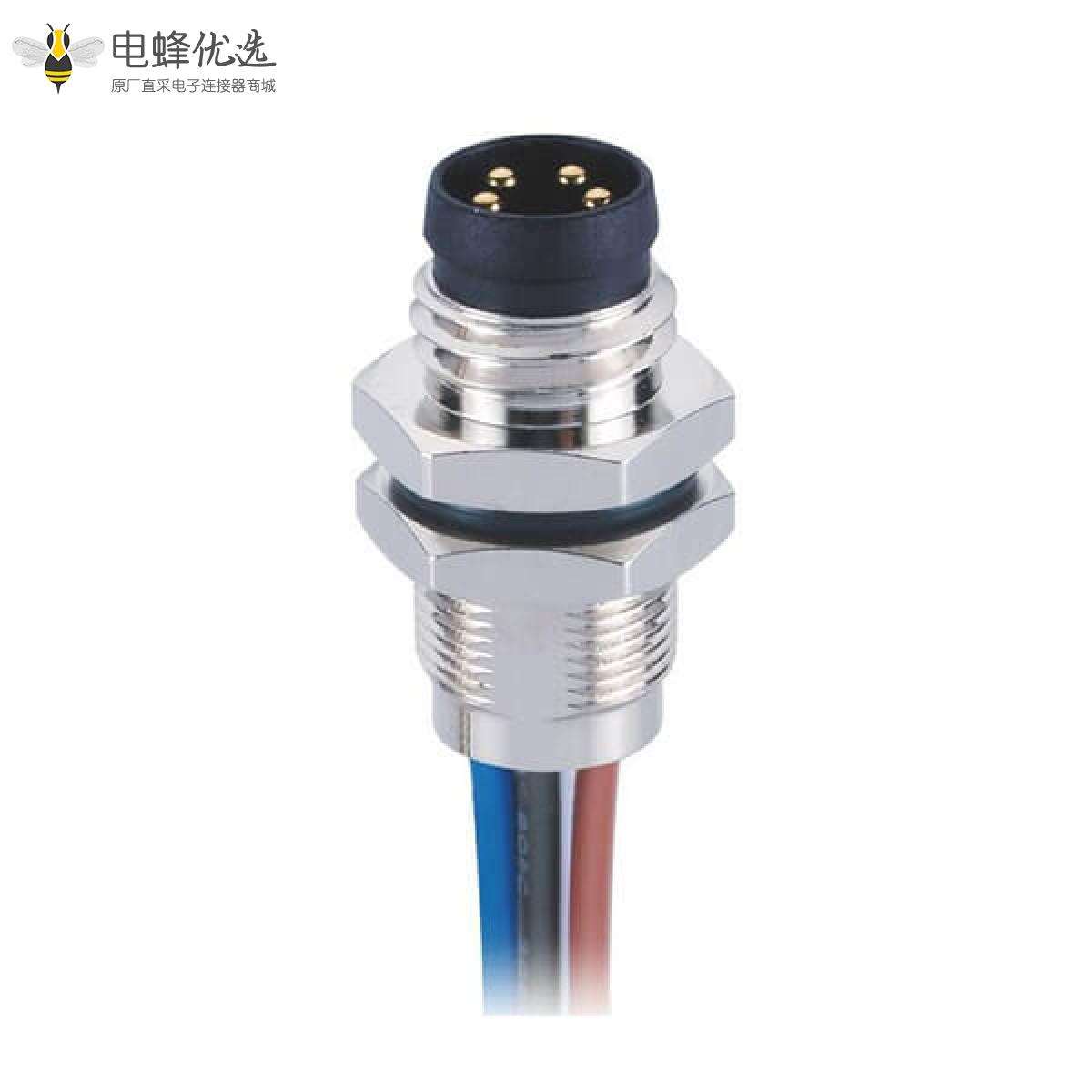 M8焊接式航空插座A型防水板端前锁焊线式4芯公插座接1米24AWG线