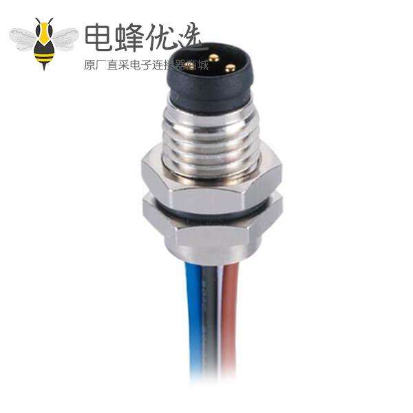 M8 3芯圆头插座A型防水板端前锁焊线式航空连接器接1米24AWG线