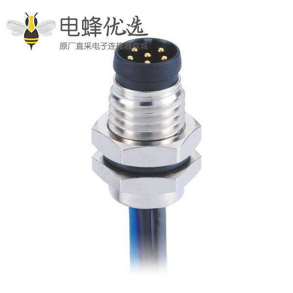 圆形连接器M8 A型板端前锁焊线式6芯公插座连接器接1米26AWG线
