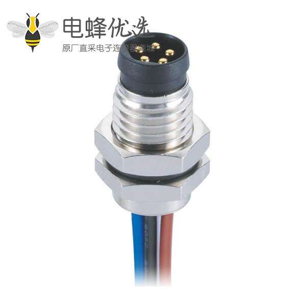 M8板端防水焊线航空头螺纹焊线式M8 5芯公插座接25CM 24AWG线