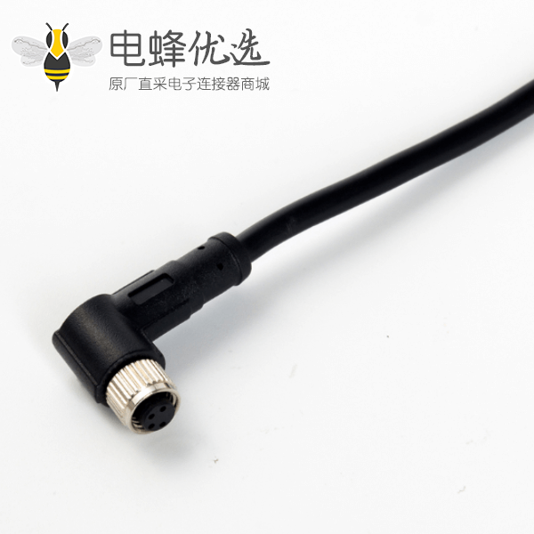 M5弯角插头注塑防水圆形连接器M5 4芯母插头接75CM美标26AWG线