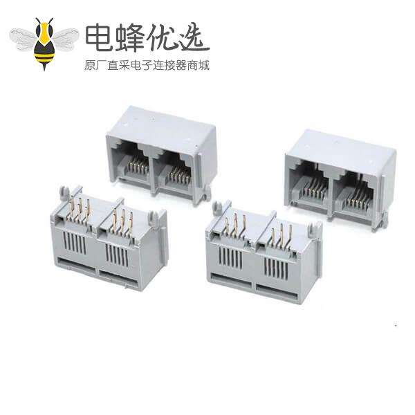 RJ11连接器全塑1X2灰色6P6C电话口母座带边90度灰色