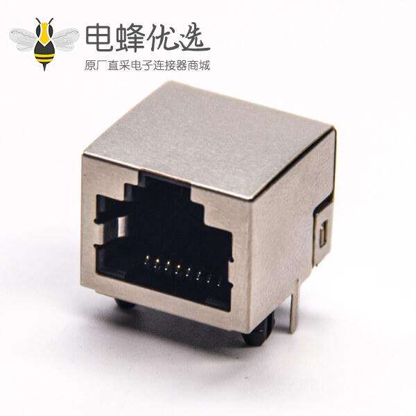 带屏蔽罩rj45单端口8p8c母座穿孔式接PCB板带定位柱