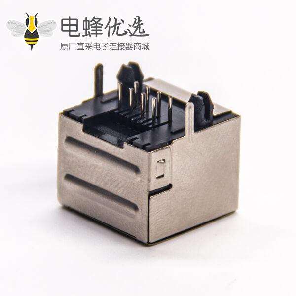 带屏蔽罩rj45单端口8p8c母座穿孔式接PCB板带定位柱