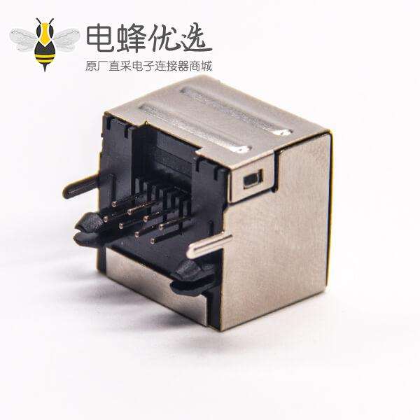 带屏蔽罩rj45单端口8p8c母座穿孔式接PCB板带定位柱