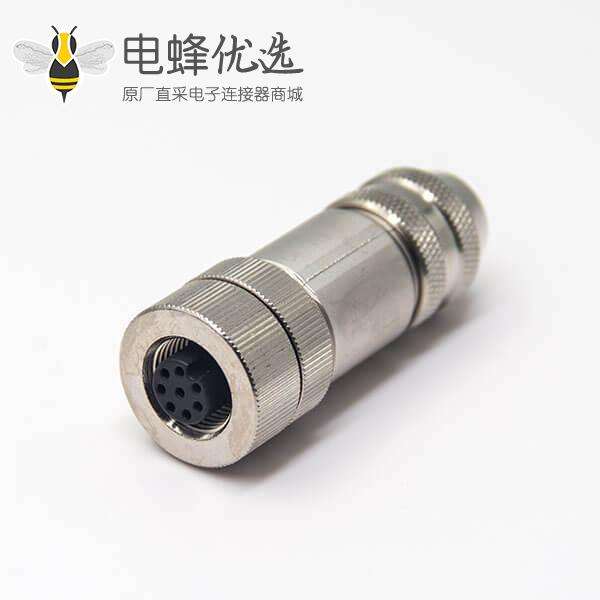 m12防水航空头8pin母头直式全金属连接器锁接A型编码