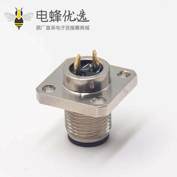 网络接头m12板端插座公头直式2pin带4孔法兰安装焊线式