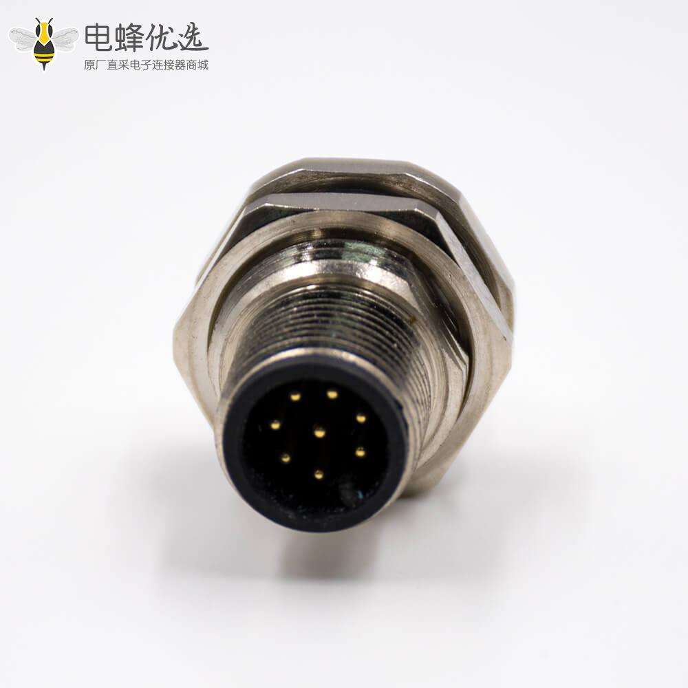 防水连接器M12板端插座A扣直式8芯公头前锁板接PCB板传感器