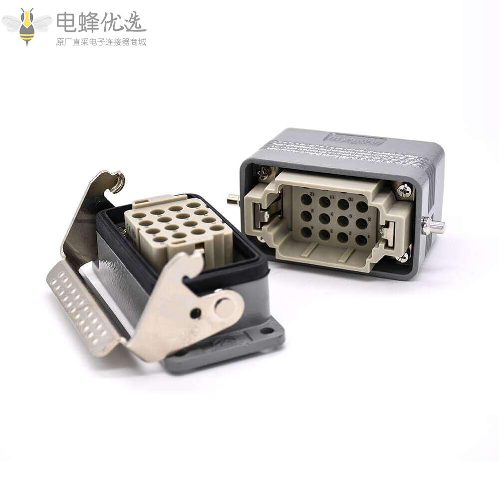 矩形重载连接器H10B不带针公头16芯螺纹PG16公母对接顶出口铁扣2耳开孔安装铝合金外壳