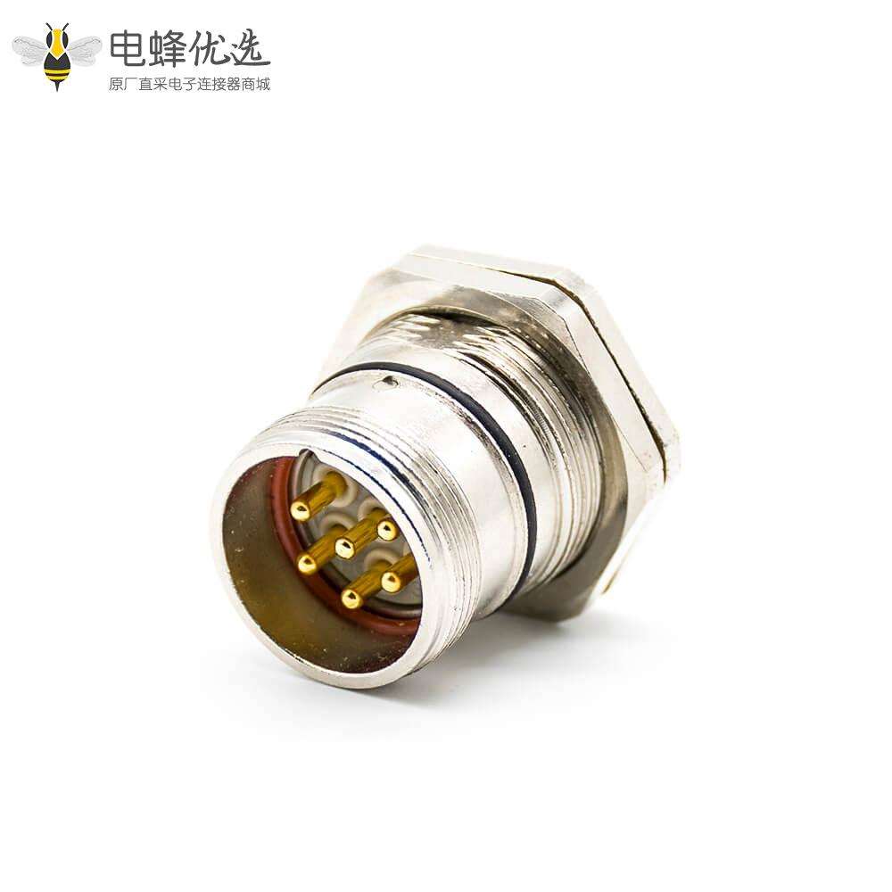 工业插座M23 6芯针公插座直式面板安装前锁板带屏蔽接线焊线