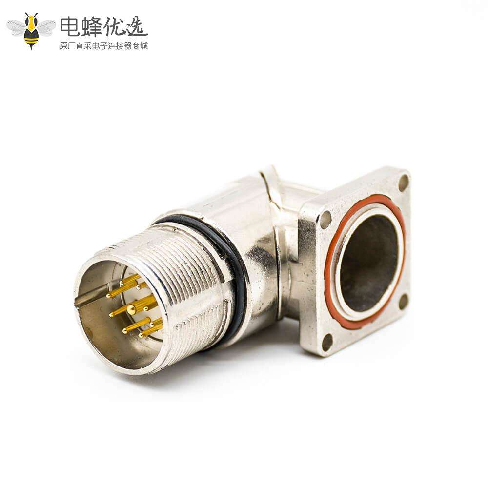 M23弯插座9芯针公头面板安装四孔法兰带屏蔽