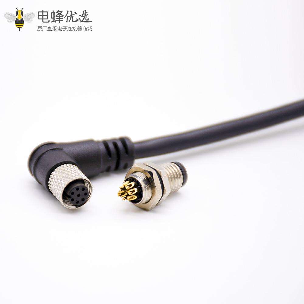 m8连接器接线8芯弯母头转直公头单边线焊线前锁板A编码注塑线