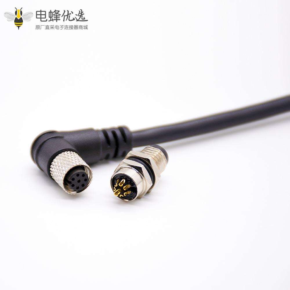 m8连接器接线8芯弯母头转直公头单边线焊线前锁板A编码注塑线