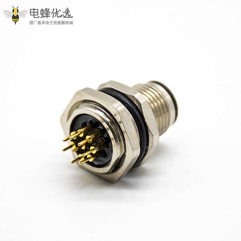插座8芯后锁板A扣直式公头接PCB板防水M12传感器连接器