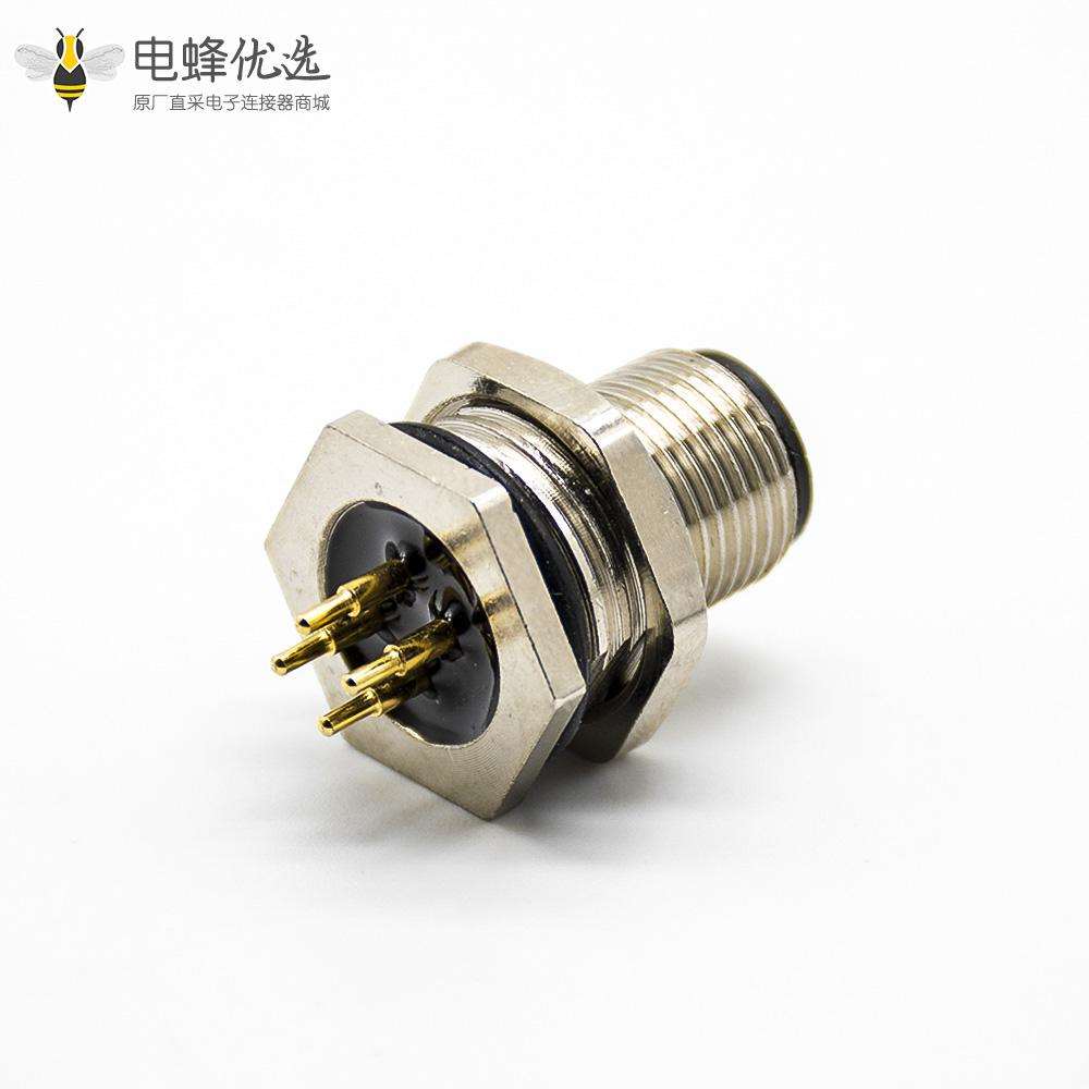 4芯插座M12圆形连接器直式A扣公头前锁板防水接PCB板安装