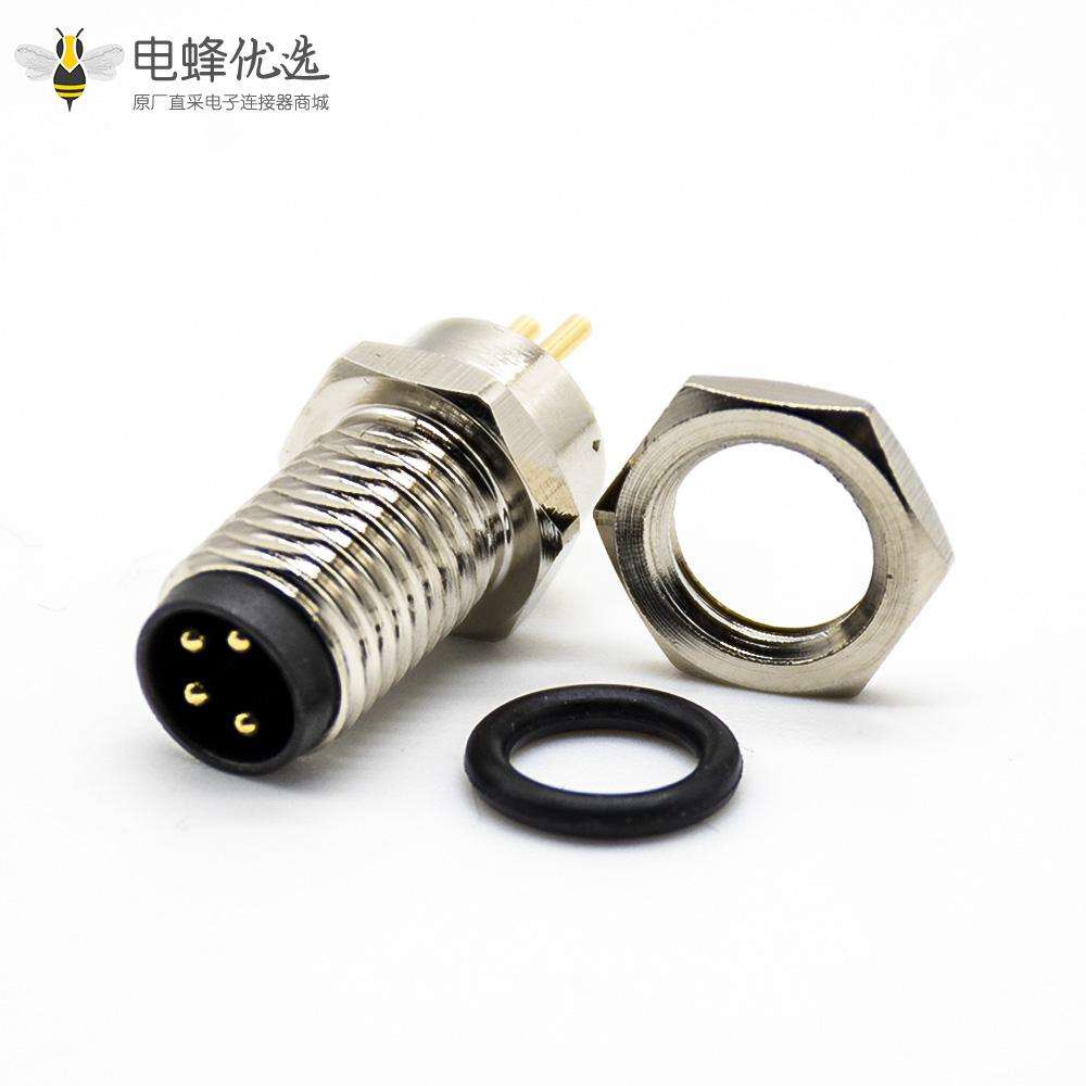 M8连接器4P直式公头接PCB板防水前锁板焊接式连接器