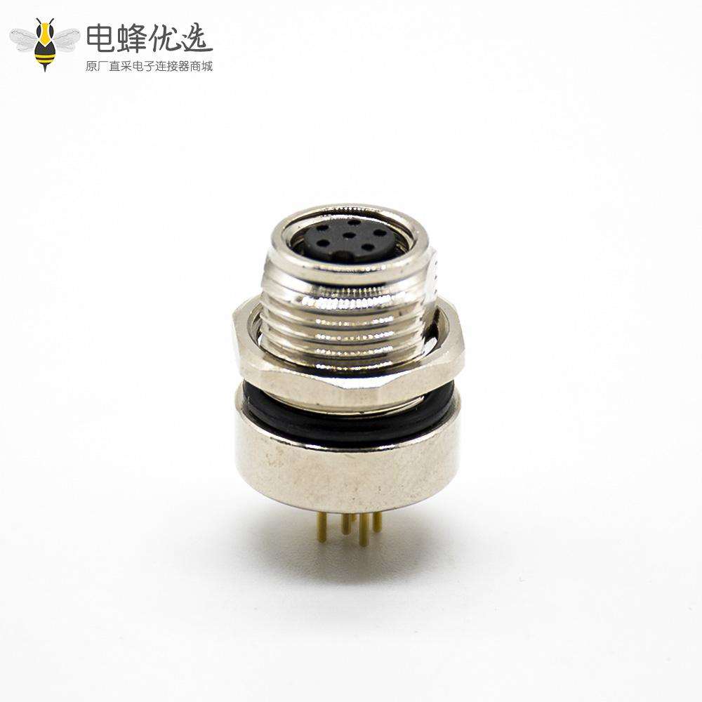 M8防水插座连接器A编码180&deg;6芯母头前锁板接PCB板