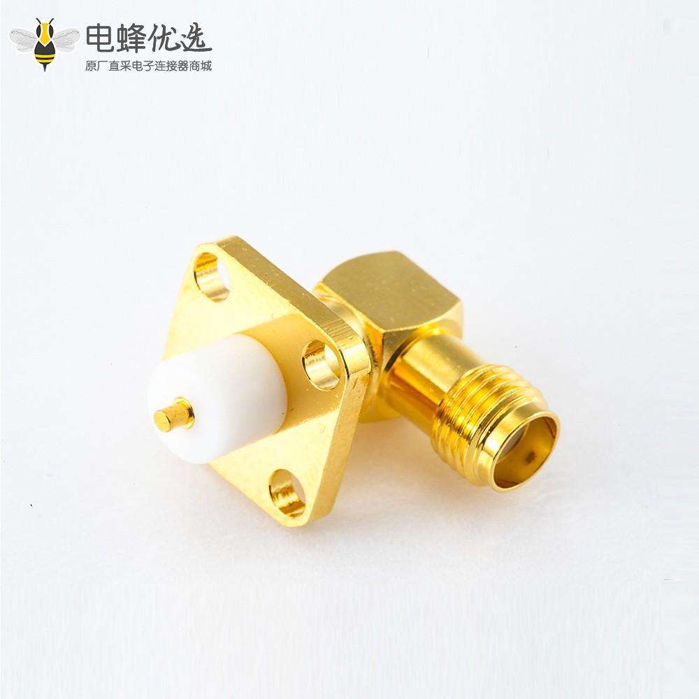 SMA连接器插孔母头插座50欧姆弯式PCB安装焊板4孔法兰