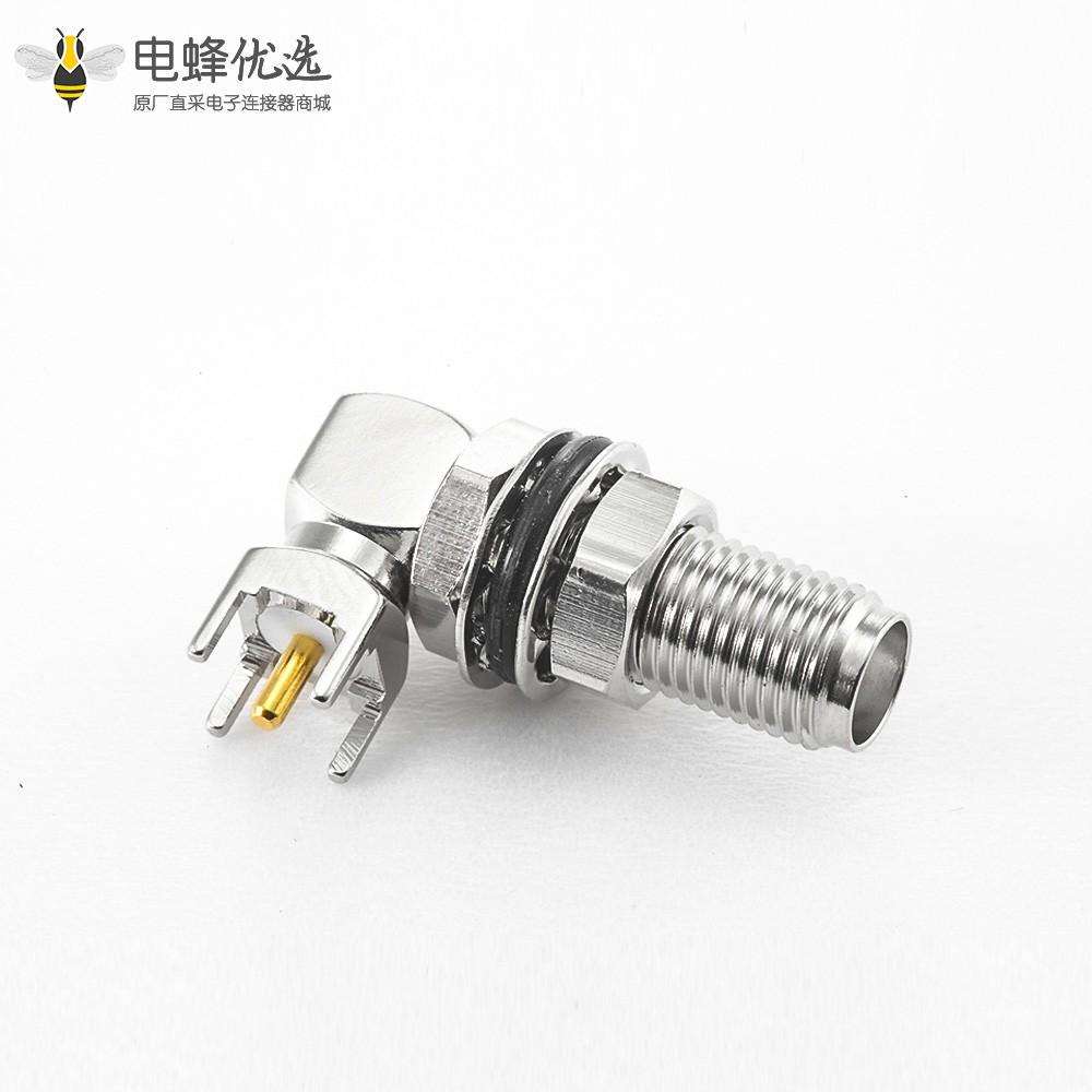 防水SMA连接器PCB安装母头弯插前锁穿墙镍镀
