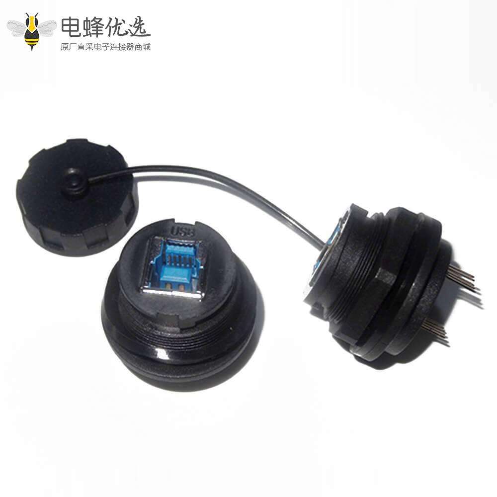 USB 3.0 Type B母插座直PCB板安装前锁防水尾部带针插