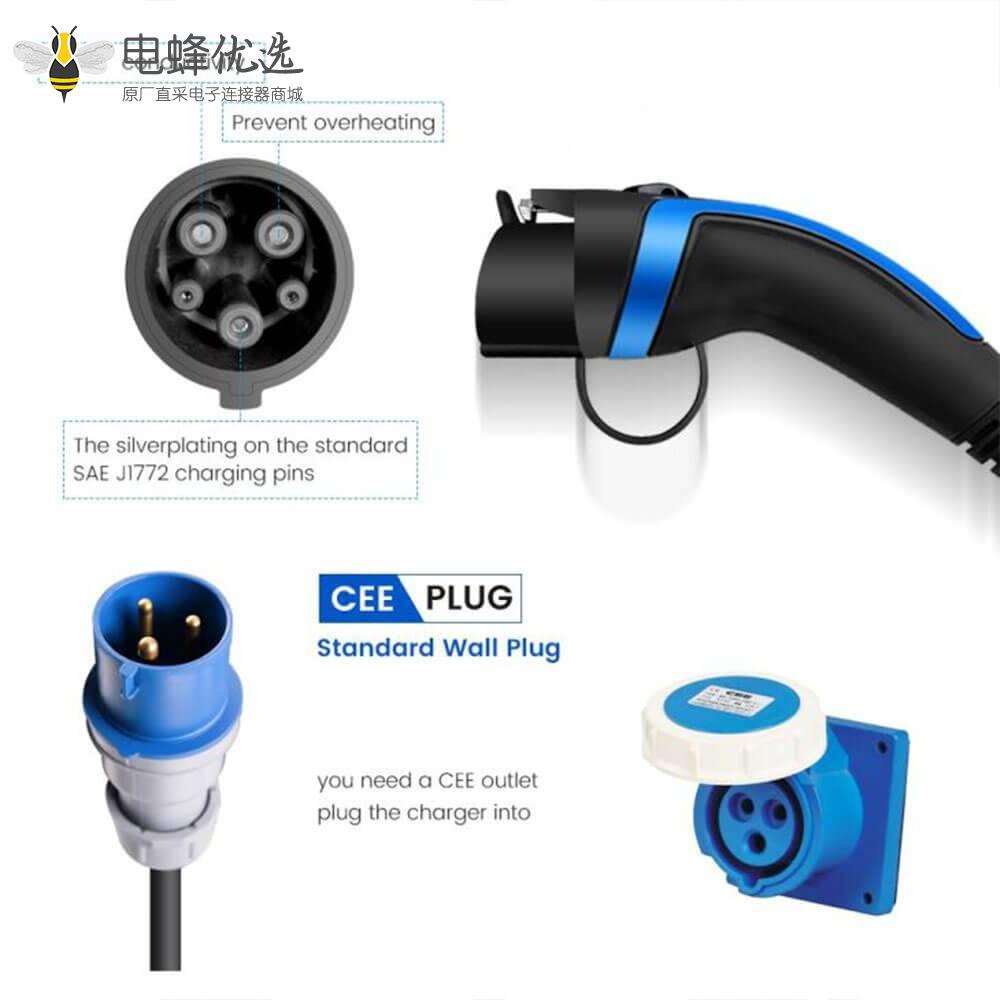 新能源电动车 充电枪J1772插头便携式充电枪接CEE电源插头