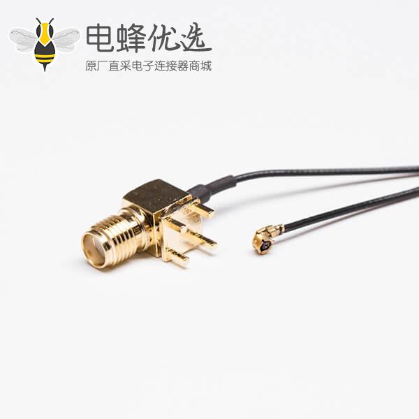 SMA线焊接黑色同轴线接RF 1.1IPEX一代接头（SMA弯头穿孔接PCB）