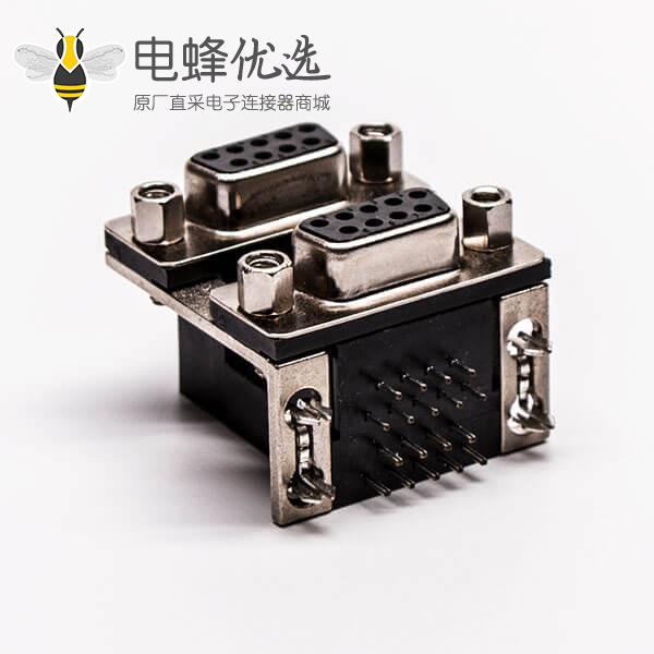双层d sub连接器9针母对母铆锁黑胶接PCB板