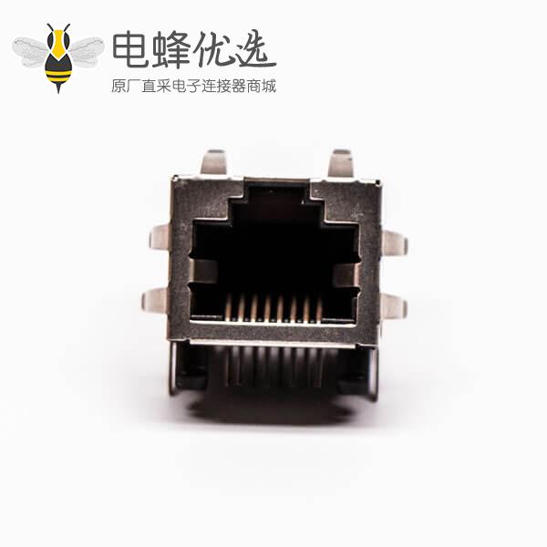 rj45网络接口母座单口90度铜壳带屏蔽带灯接PCB