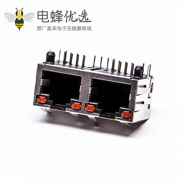 双网口带led灯rj45母座弯式铜壳带屏蔽接PCB