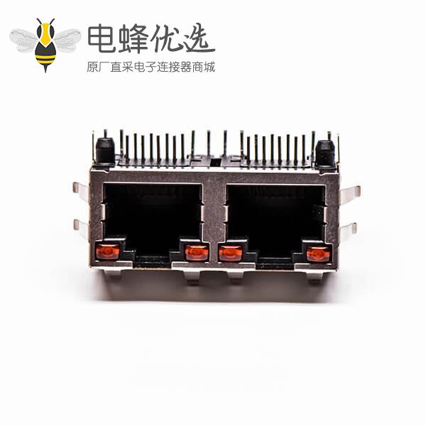 双网口带led灯rj45母座弯式铜壳带屏蔽接PCB