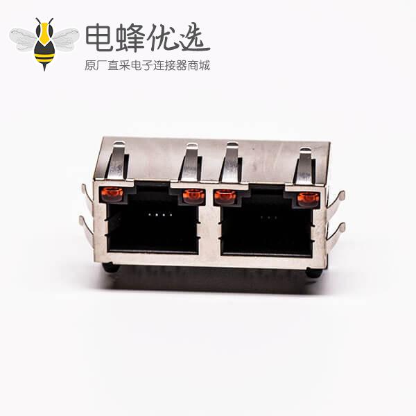 双网口带led灯rj45母座弯式铜壳带屏蔽接PCB