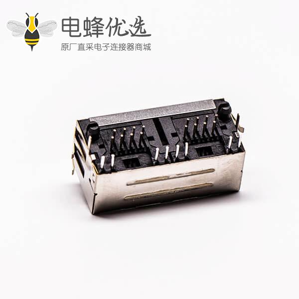 双网口带led灯rj45母座弯式铜壳带屏蔽接PCB