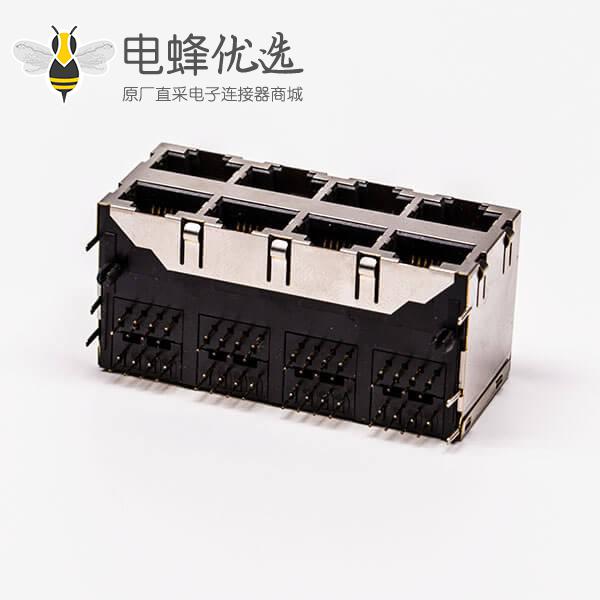 Rj45 8口网络插座母头铜壳90度带弹片无灯接PCB