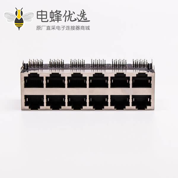 12口rj45铜壳2*6双排屏蔽无灯无弹片母座接PCB