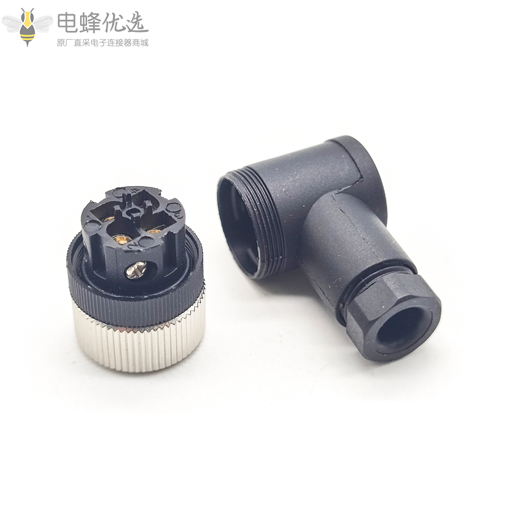 m12组装式90&deg;母弯头4针接线母头防水插头工业连接器