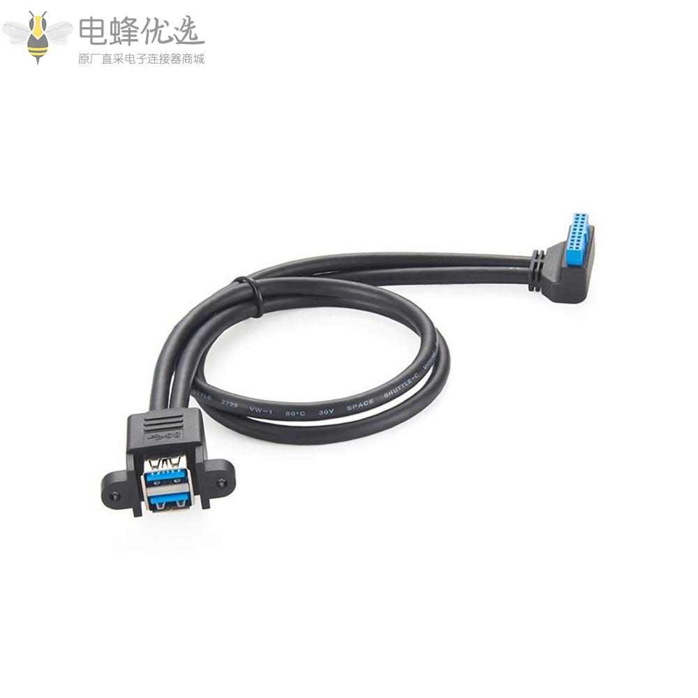 主板19pin_20Pin转USB3.0数据线台式机19针20针转双USB延长线线带固定螺丝孔后置挡板线20P/19P转2口转接线弯头50cm