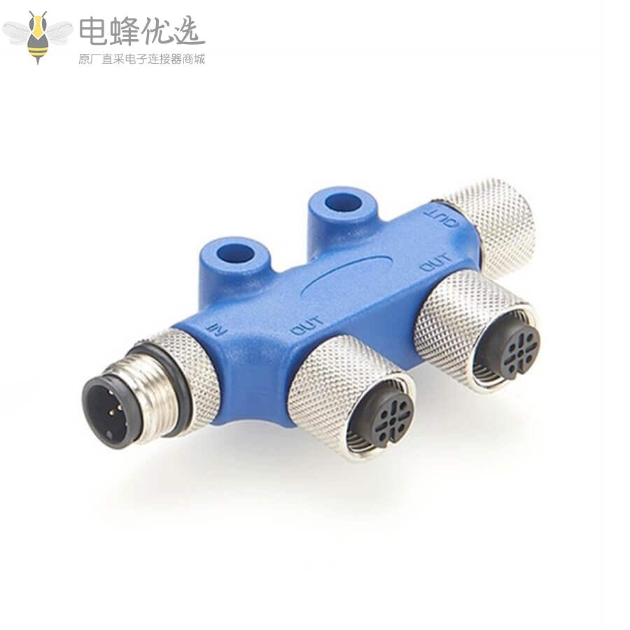 船用级产品NMEA_2000二通多端口T形连接器3个M12母头5芯转5芯公头