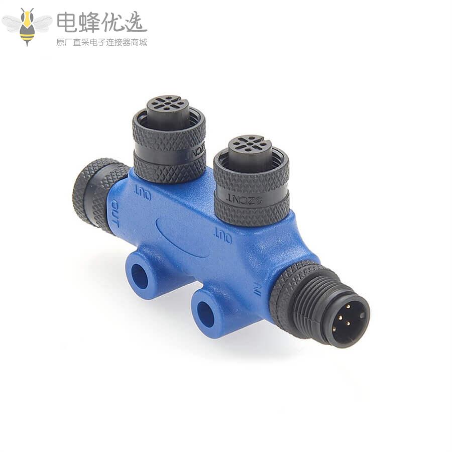 船用级产品NMEA_2000二通多端口T形连接器3个M12母头5芯转5芯公头