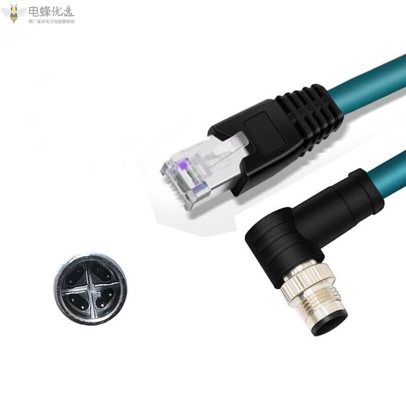 M12转RJ45网线Cat6千兆高柔双屏蔽M12_8芯X_Code公弯头转RJ45公接墨绿色双绞线