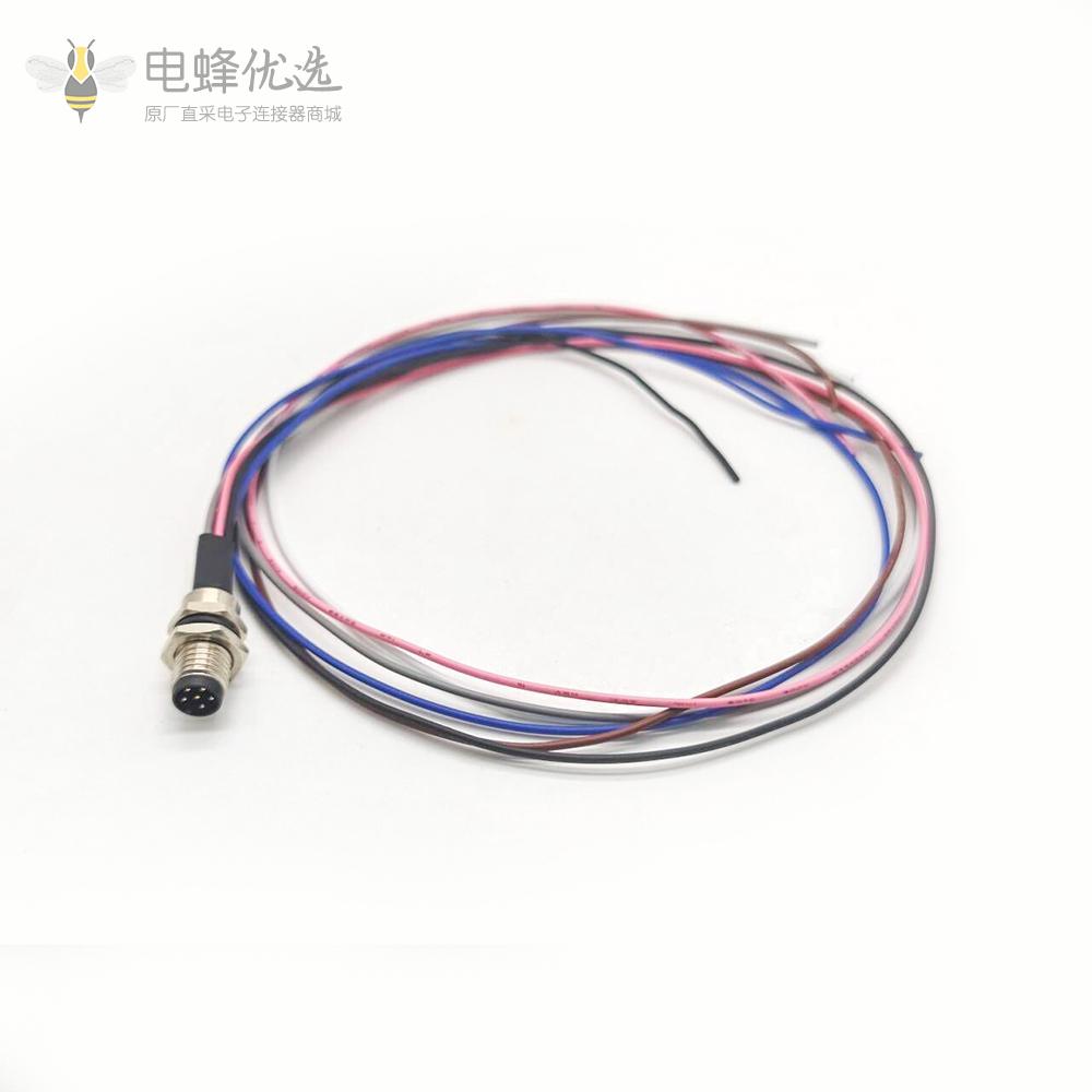 圆形连接器M8 A型板端前锁焊线式6芯公插座连接器接1米26AWG线