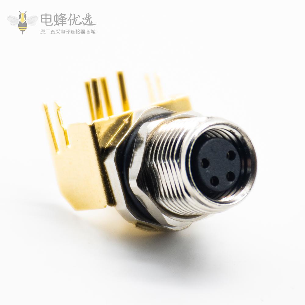 M8弯式PCB连接器板端前锁4芯直式防水母座连接器