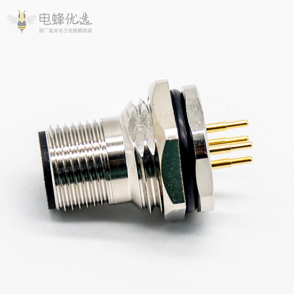 M12连接器4芯 A型板端公座PCB插板式前锁工业防水传感连接器